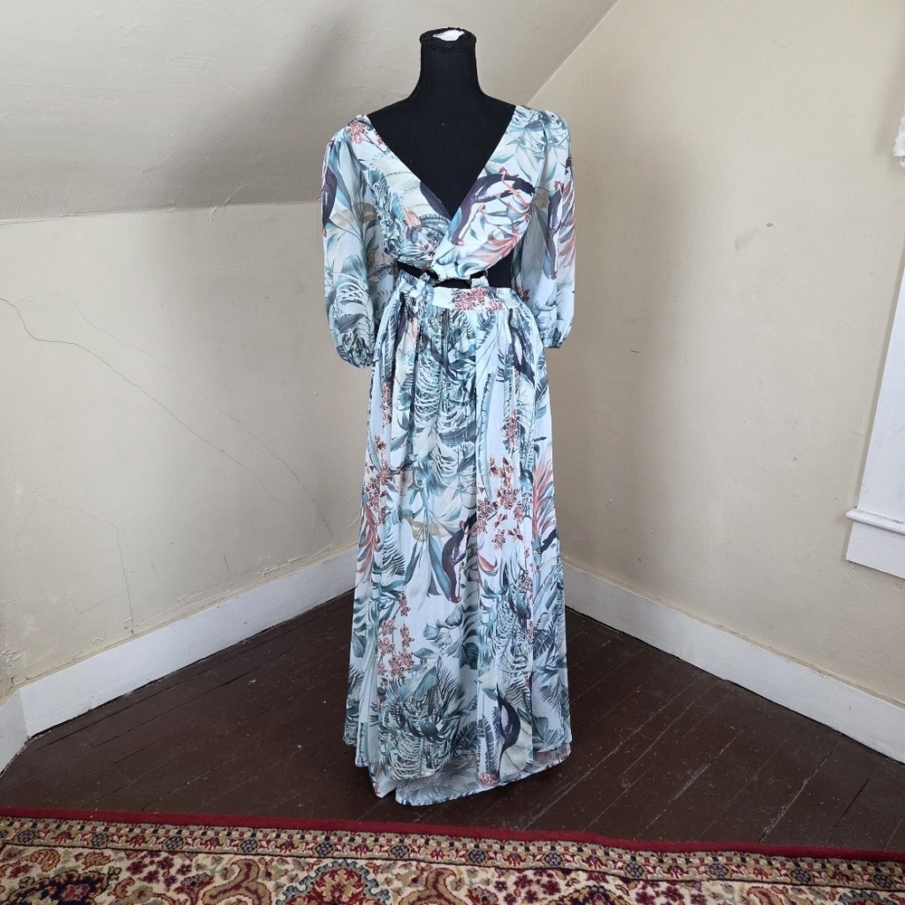 L’ATISTE by Amy Tropical Cut Out Maxi Dress Size L Elastic Waist Slit - Picture 3 of 9